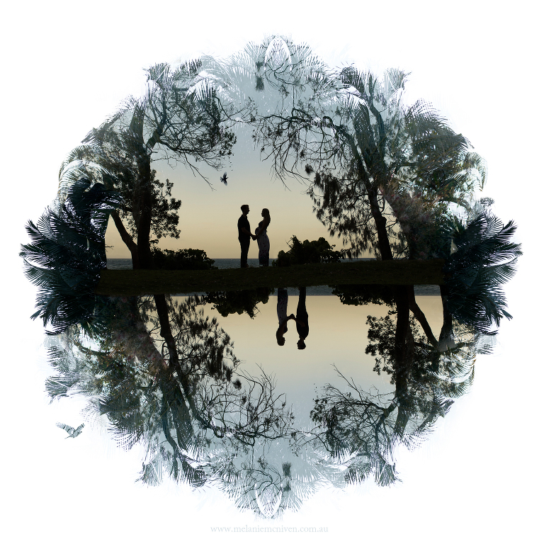 A silhouette of a couple holding hands among trees. Noosa photography at it's best.
